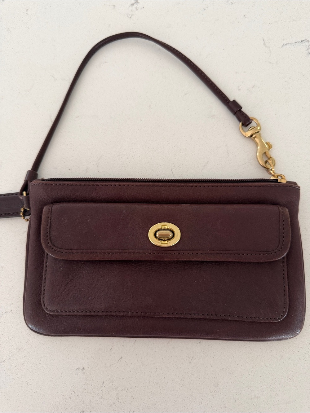 Vintage Coach Leather Wristlet Clutch in Dark Brown with Turn-Lock